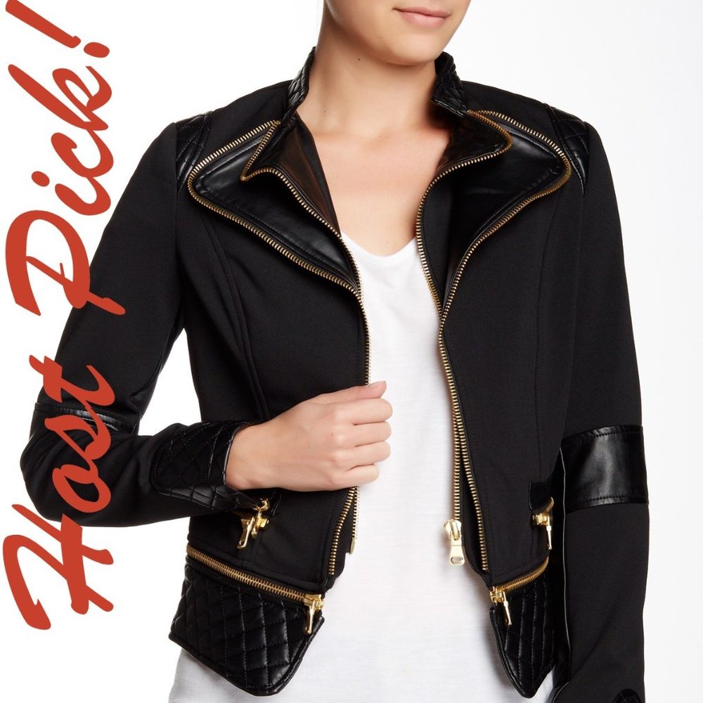 FILLMORE Zip Peplum Moto Blazer Jacket Topper NEW Black/Gold Womens CHIC  HP🎉